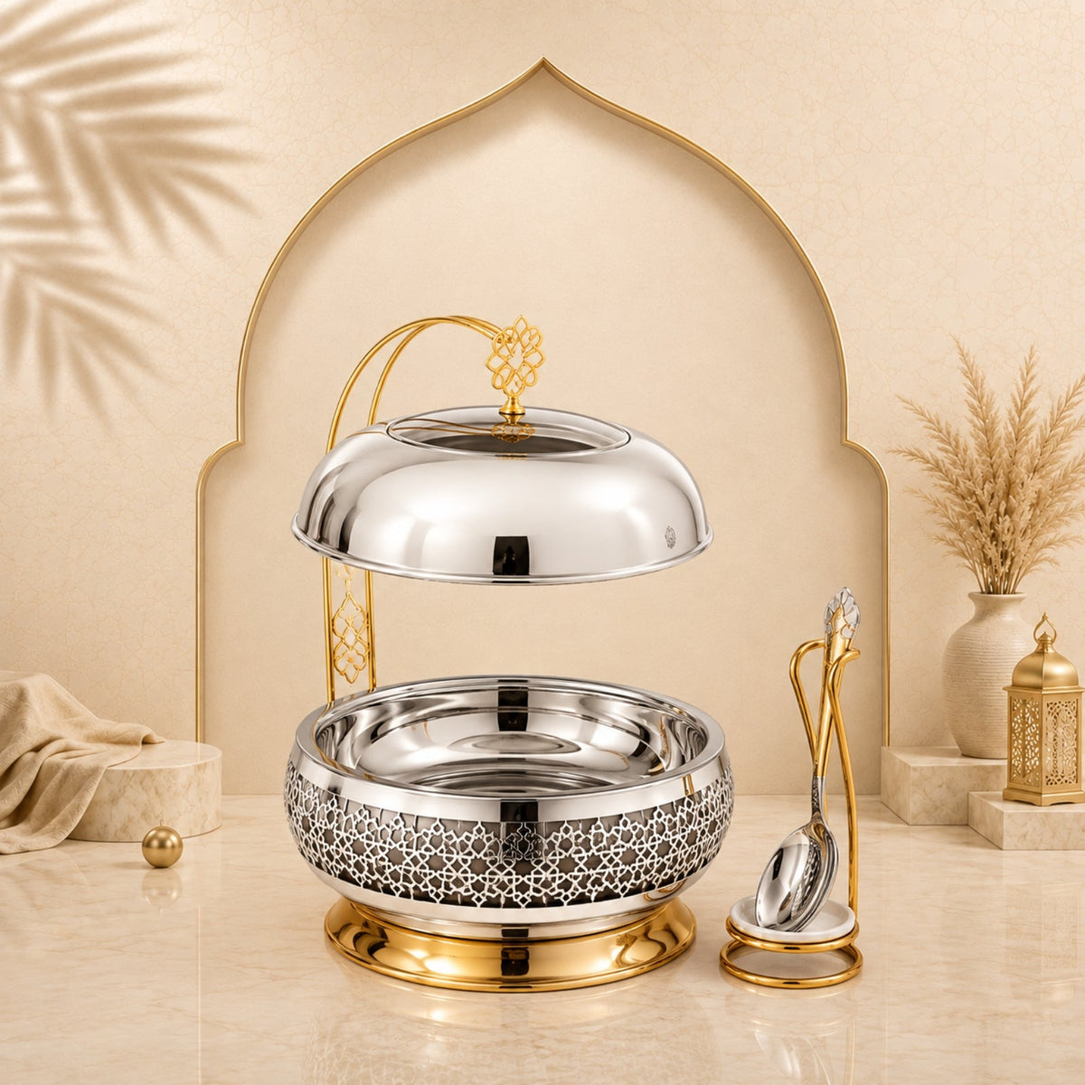 Chafing Dish with Matching Spoon & Stand 6.5L Gold & Silver by Almarjan