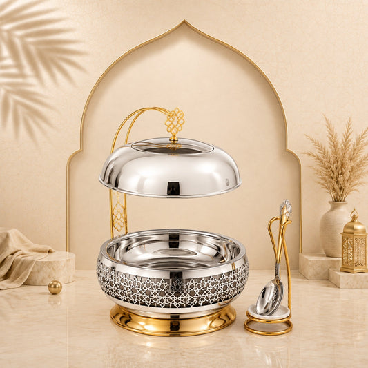 Chafing Dish with Matching Spoon & Stand 6.5L Gold & Silver by Almarjan