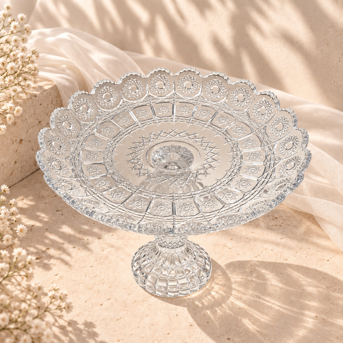 Clear Crystal Candy Bowl on Foot – Decorative Star-Cut Pedestal Serving Dish