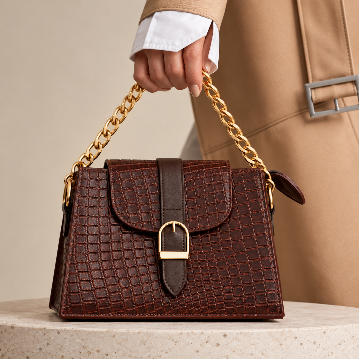 Crocodile-Texture Leather Handbag with Gold Chain Strap – Dark Brown