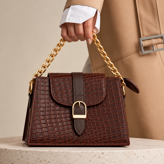 Crocodile-Texture Leather Handbag with Gold Chain Strap – Dark Brown