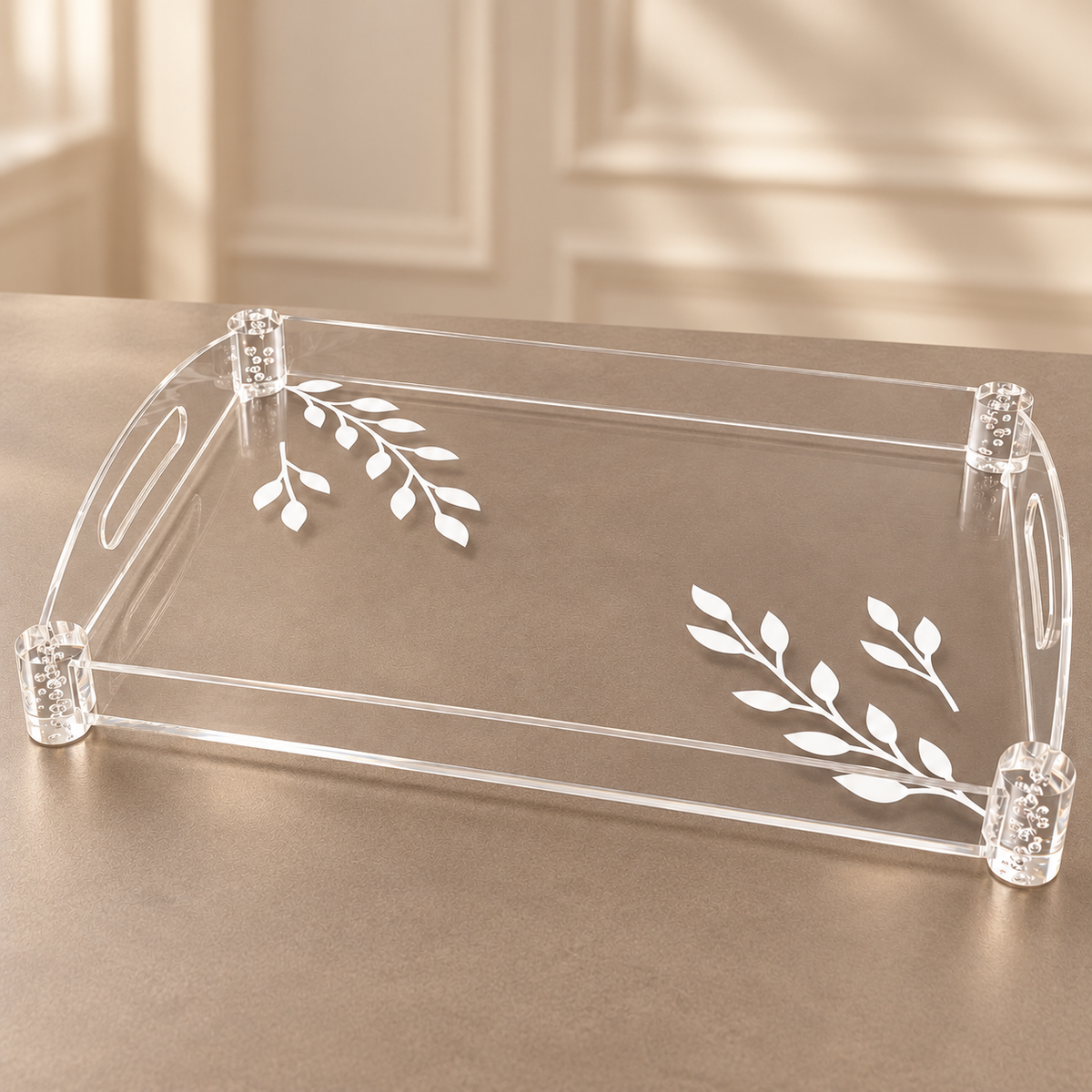 Luxury Clear Acrylic Rectangular Serving Tray with White Leaf Design – Small 44 × 30 cm