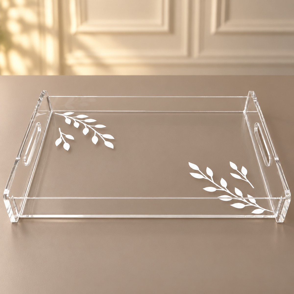Luxury Clear Acrylic Rectangular Serving Tray with White Leaf Design – 50 × 35 cm