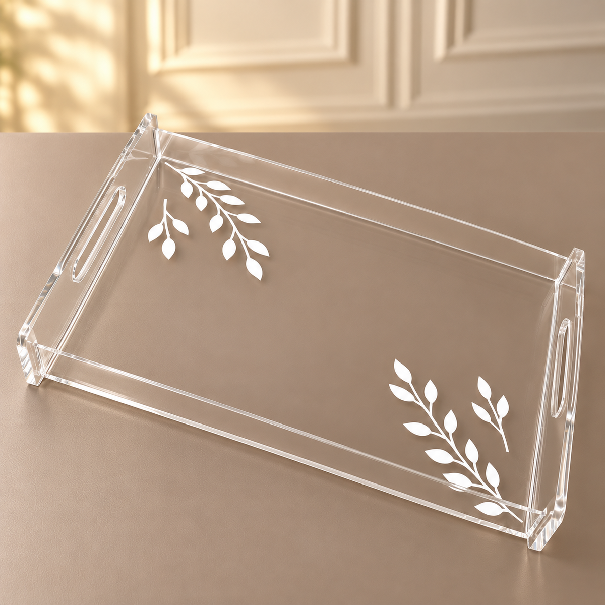 Luxury Clear Acrylic Rectangular Serving Tray with White Leaf Design – 50 × 35 cm
