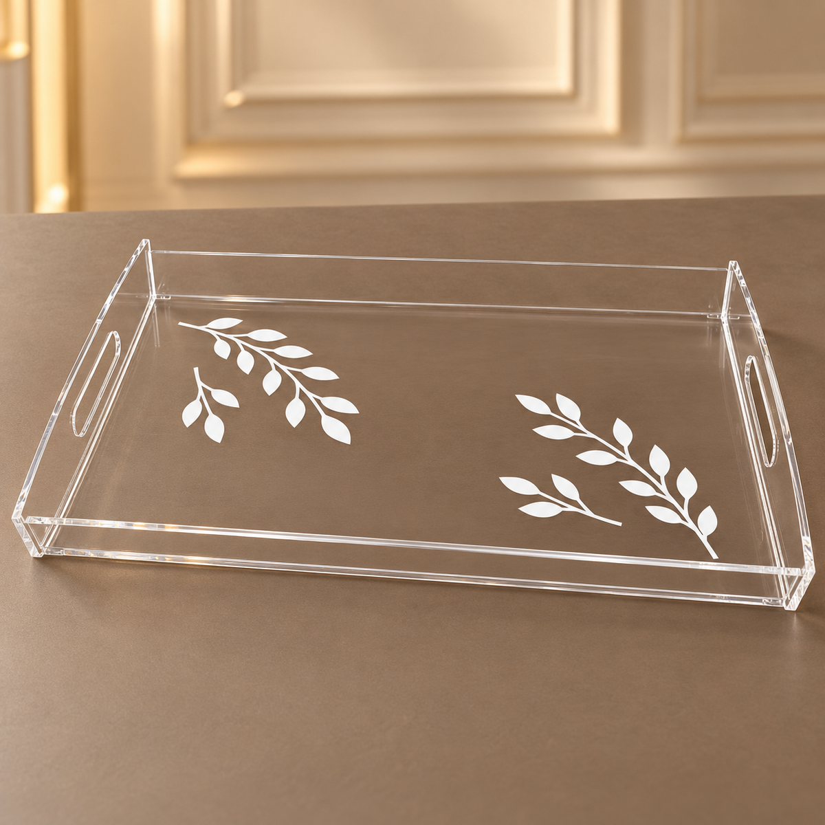 Luxury Clear Acrylic Rectangular Serving Tray with White Leaf Design – 44 × 30 cm