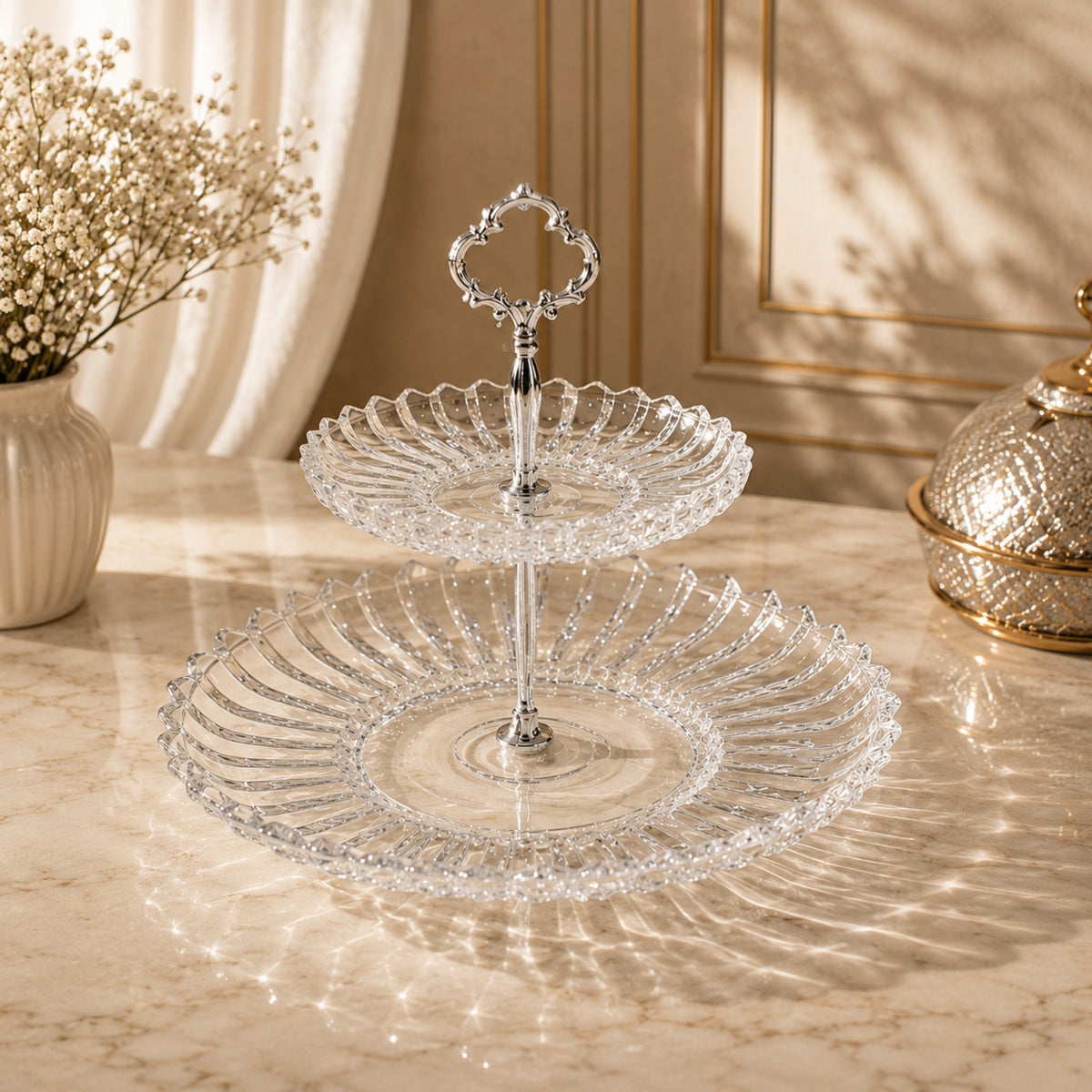 Luxury 2-Tier Crystal Serving Stand with Silver Handle