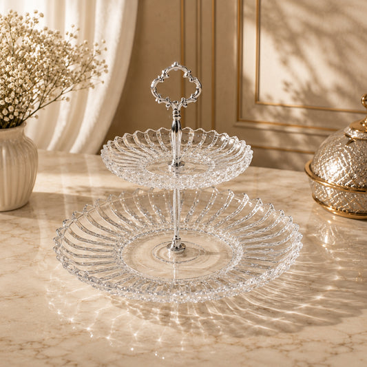 Luxury 2-Tier Crystal Serving Stand with Silver Handle