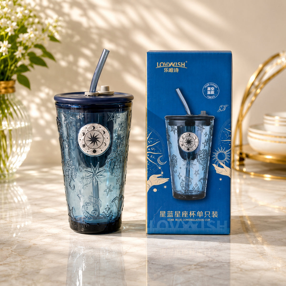 Dark Blue Constellation Glass Cup with Lid & Straw – Single Pack