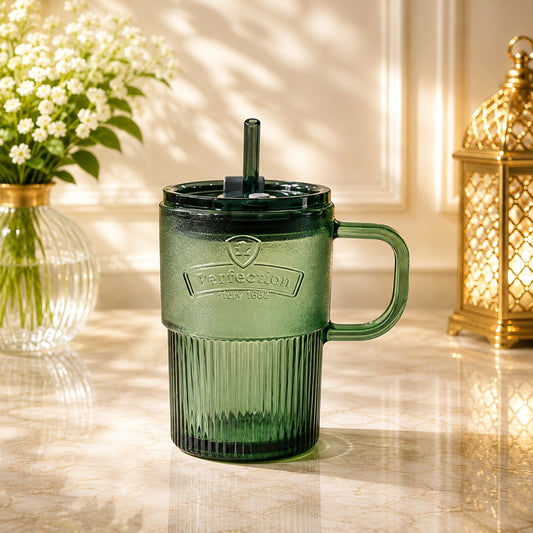 Dark Green Lant Glass Cup with Lid & Straw | Single Pack