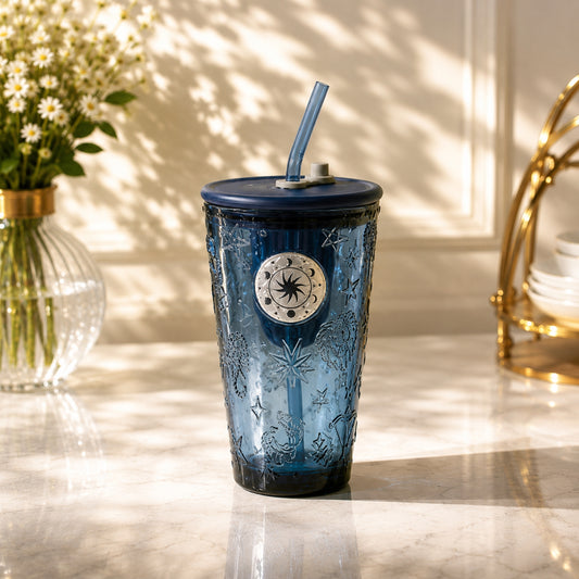 Dark Blue Constellation Glass Cup with Lid & Straw – Single Pack