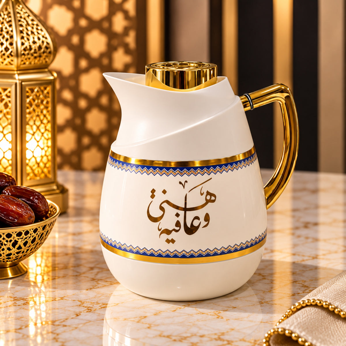 1L Arabic vacuum flask Dallah in white with royal blue geometric detailing, gold accents, Arabic calligraphy and gold handle