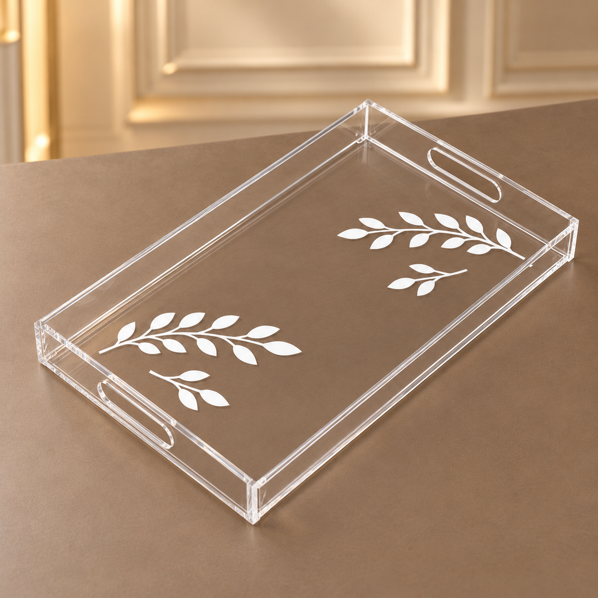 Luxury Clear Acrylic Rectangular Serving Tray with White Leaf Design – 44 × 30 cm