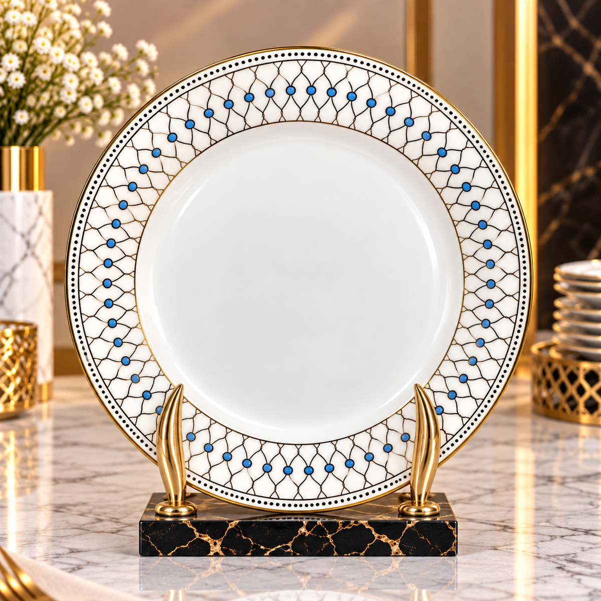 Luxury Decorative Dinner Plates – White, Blue & Gold | 15", 20" & 26"