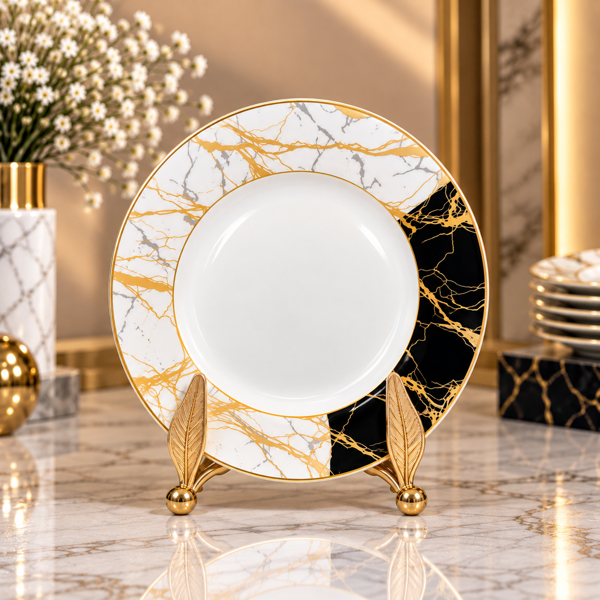 Luxury Marble Design Round Serving Plate – White, Black & Gold | 15, 20 & 26 Inch