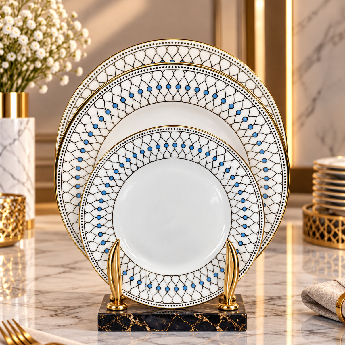 Luxury Decorative Dinner Plates – White, Blue & Gold | 15", 20" & 26"