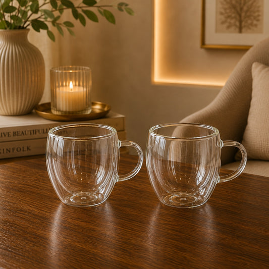 2-Piece Double Wall Glass Mug Set with Handle 250ml – Clear