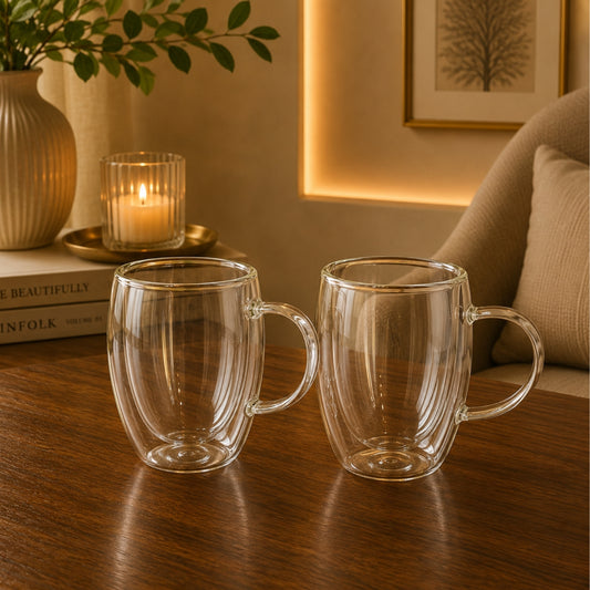 2-Piece Double Wall Glass Mug Set with Handle 350ml – Clear