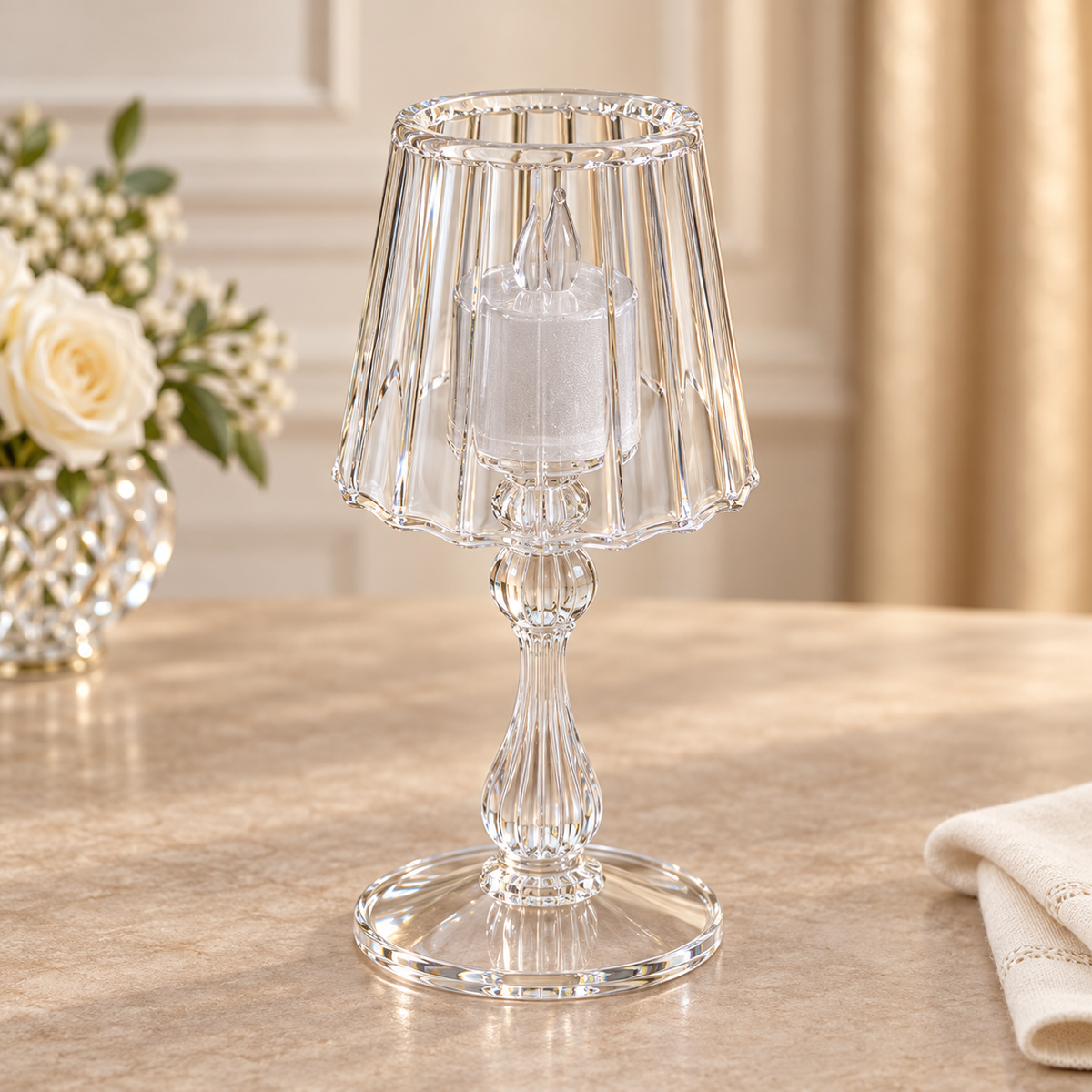 Luxury Clear Acrylic Candle Holder with Decorative Lamp Shade – Elegant Table Centerpiece