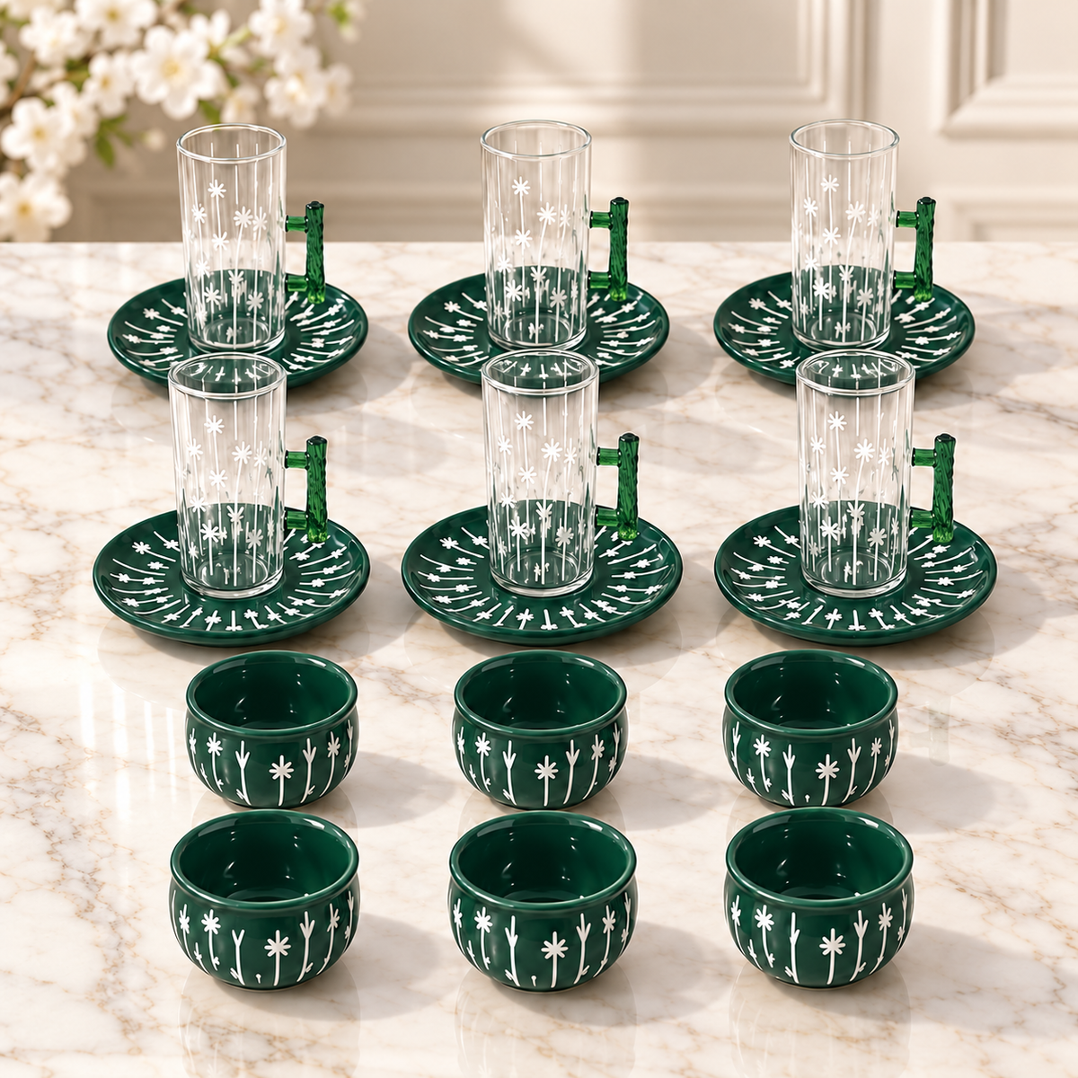 Luxury emerald green floral tea and cawa cup set ST016 featuring 6 transparent glass tea cups with green handles, 6 matching saucers and 6 Arabic coffee cups.
