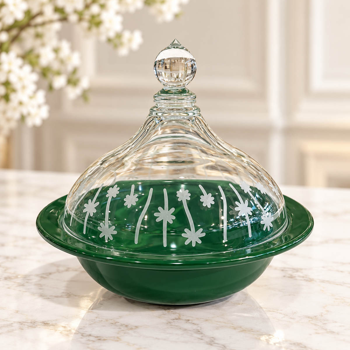Luxury Emerald Green Floral Date Bowl with Glass Dome Lid
