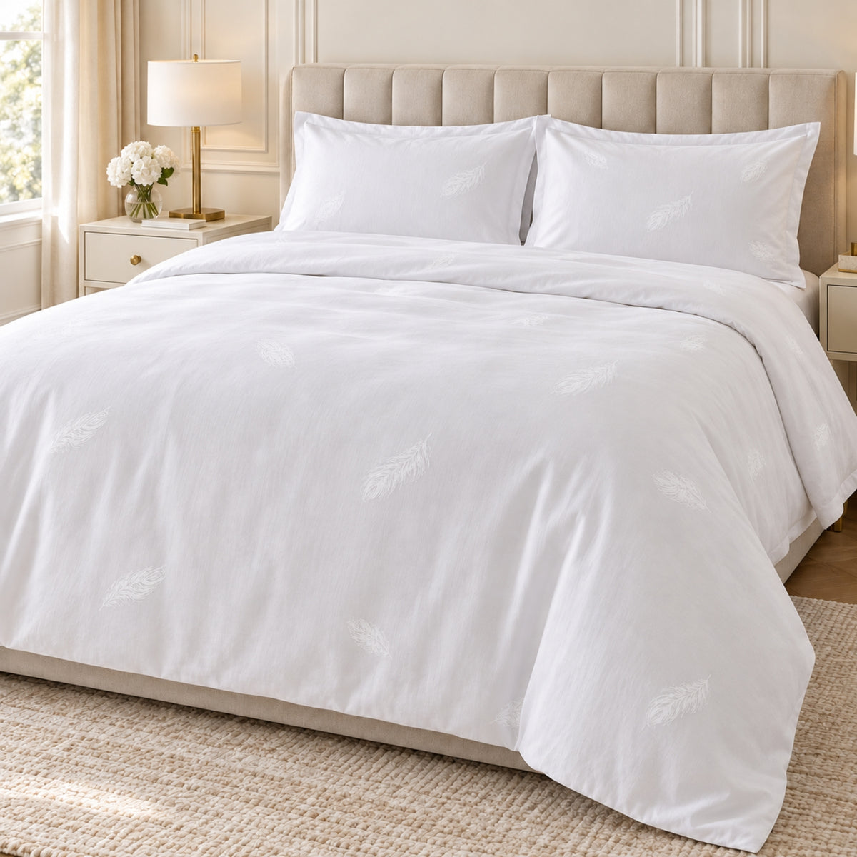 White Feather Design Linen King Size 4-Piece Bedding Set – 220 × 240 cm