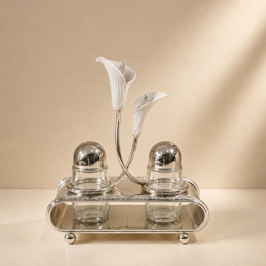 Silver Ring Light Flat Iron 2-Position Condiment Set with Calla Lily Detail
