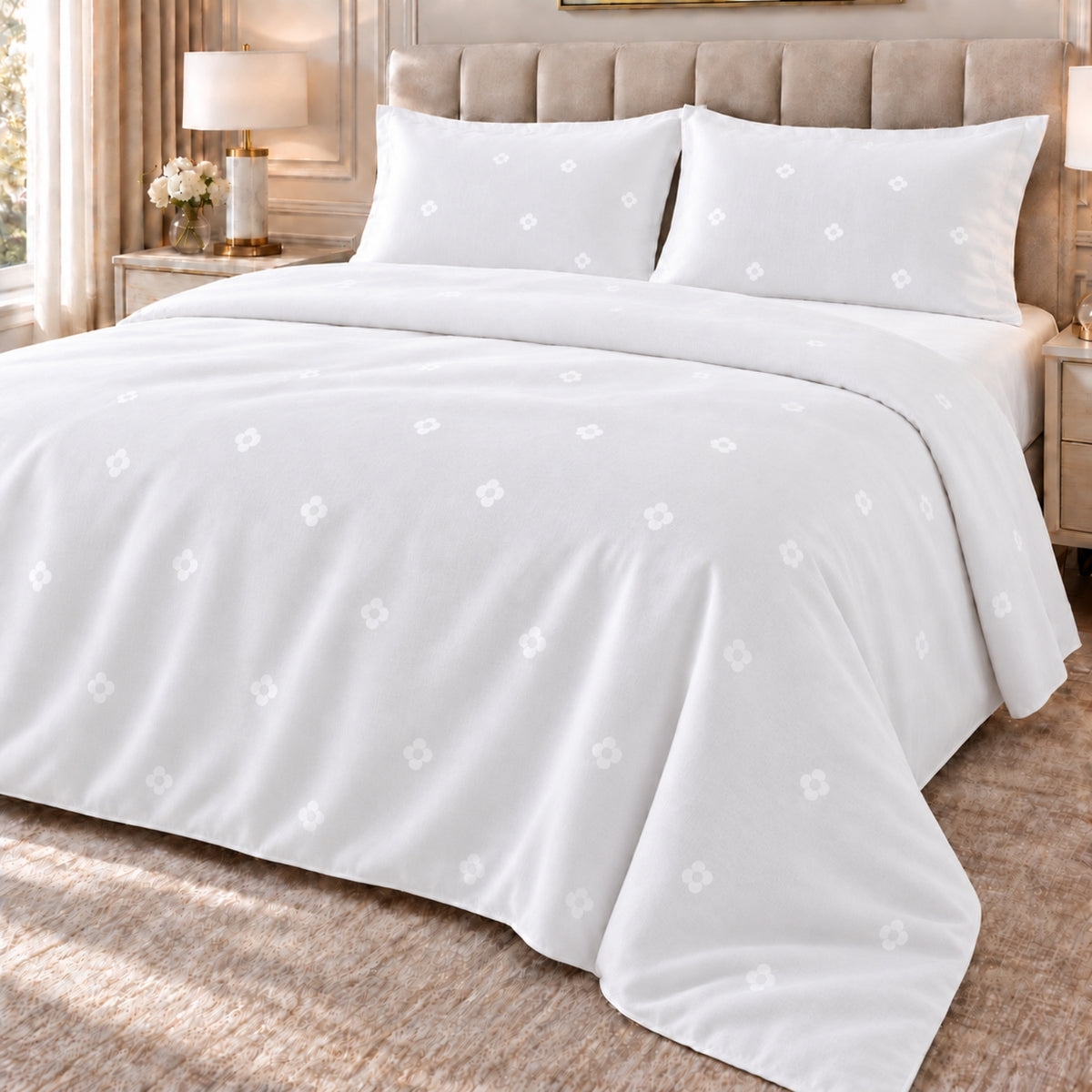 Premium White Floral Linen King Size 4-Piece Bedding Set – 220 × 240 cm