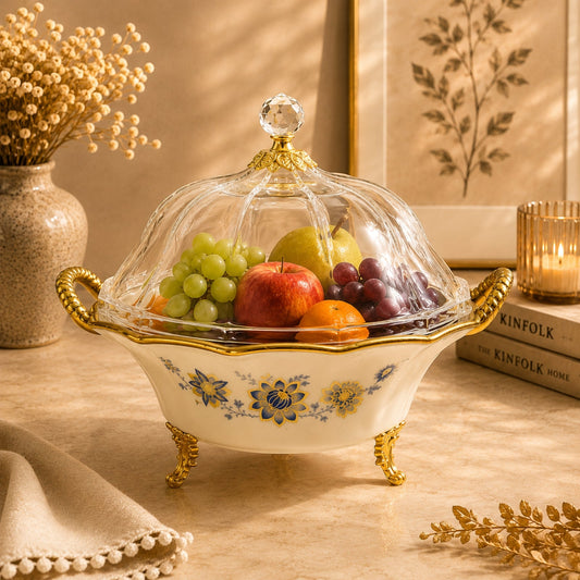 Luxury Porcelain Covered Fruit Bowl with Glass Dome 28cm | BRKH-65-11