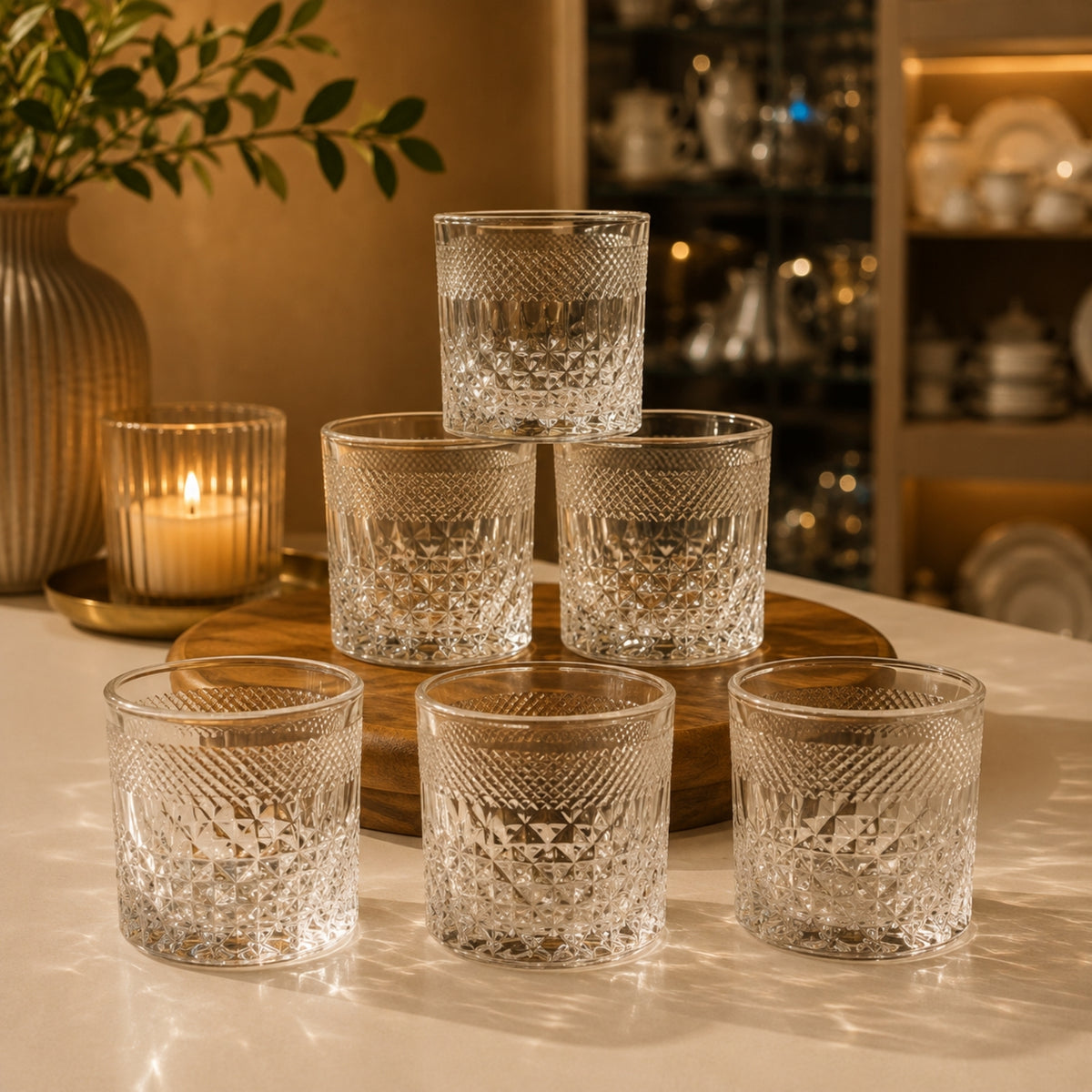 6-Piece Clear Embossed Glass Tumbler Set – Geometric Design