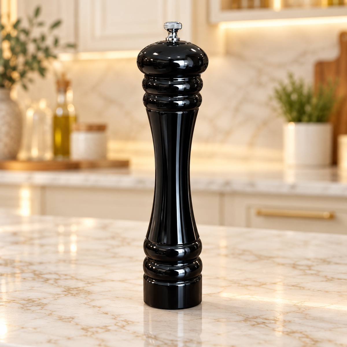 Classic glossy black manual pepper grinder with elegant curved design and silver-tone adjustment knob, ideal for kitchen and dining