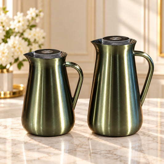 Najib luxury olive green vacuum flask set 2 pieces 1L and 0.5L with brushed metallic finish, matching curved handles and silver-tone lids for Arabic coffee and tea serving.