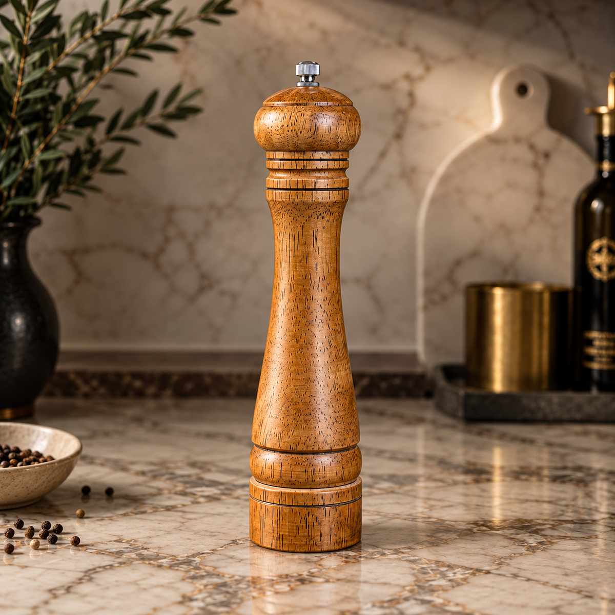 Classic 15cm wooden pepper grinder in honey-brown finish with curved design and silver adjustment knob.