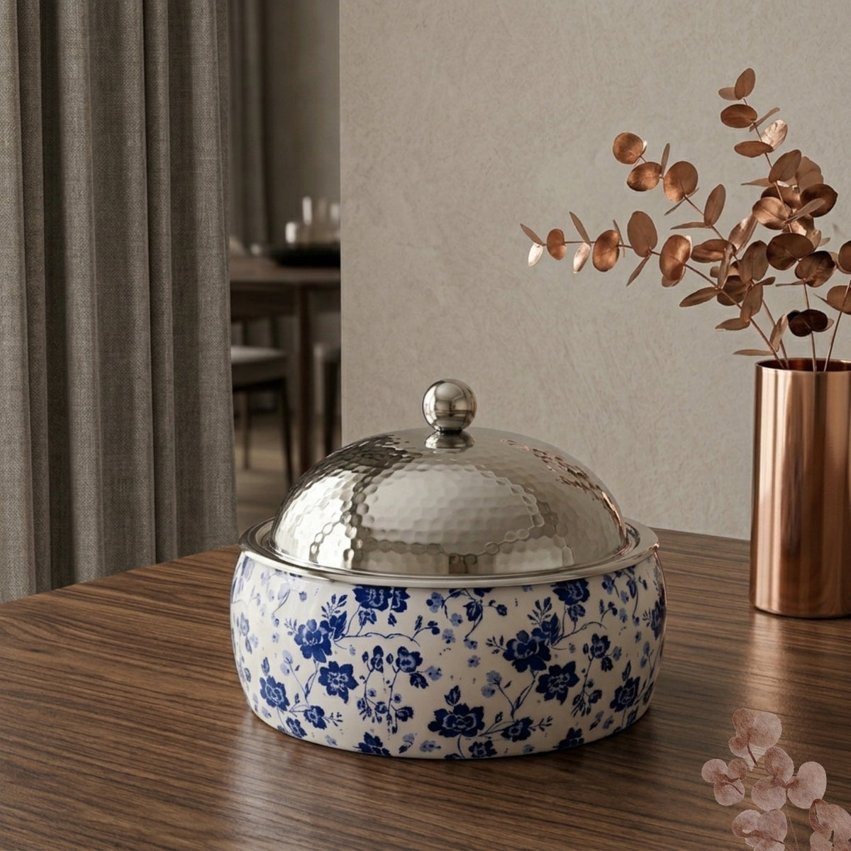Blue Floral Print Hot Pot with Dome Lid