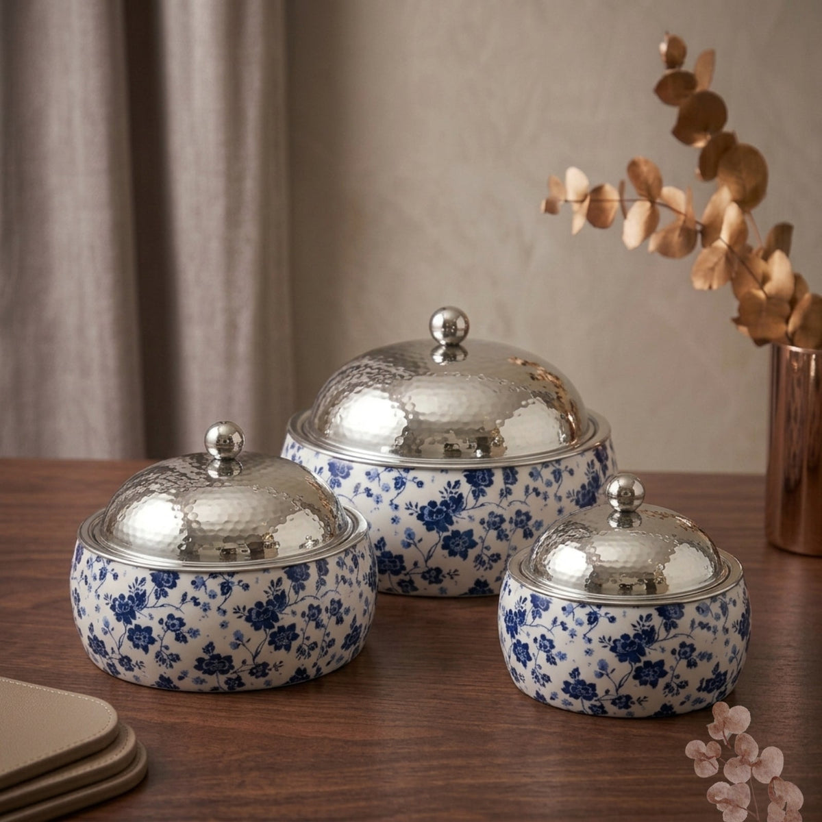 Blue Floral Print Hot Pot with Dome Lid