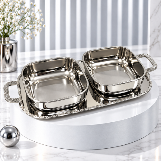 Luxury Stainless Steel 2-Bowl Serving Set with Tray – Silver
