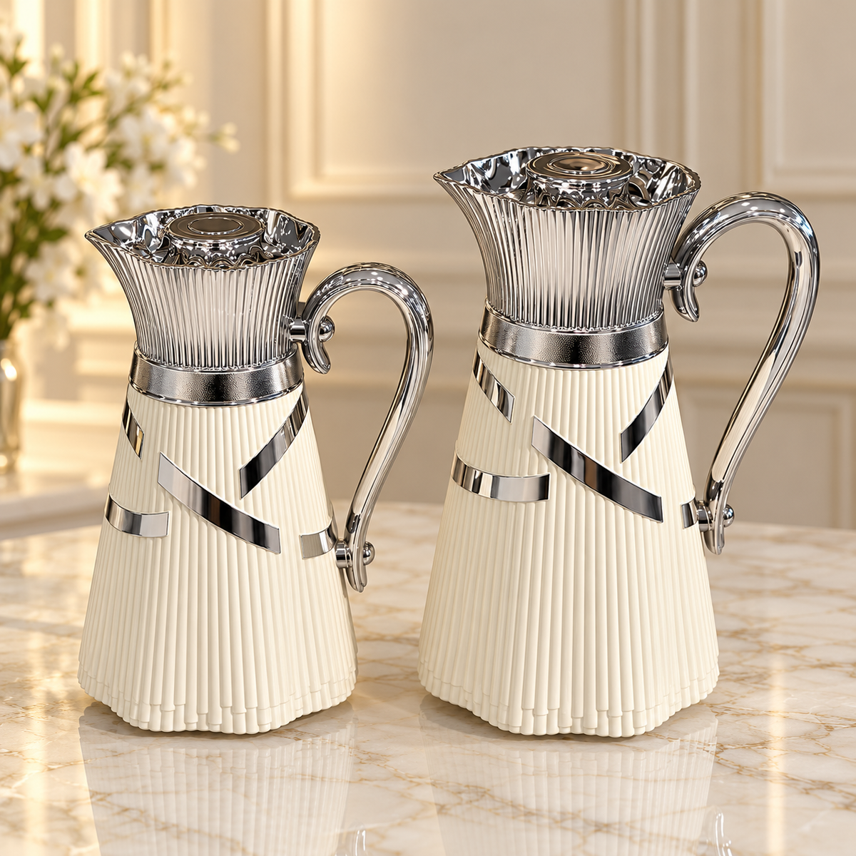 Najib luxury ivory and chrome vacuum flask set with two matching Arabic coffee and tea flasks in 1L and 0.7L capacities