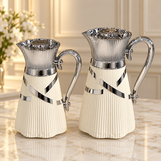 Najib luxury ivory and chrome vacuum flask set with two matching Arabic coffee and tea flasks in 1L and 0.7L capacities