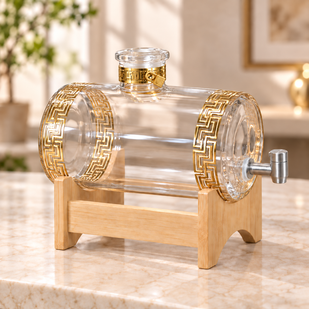 Luxury Glass Juice Dispenser with Wooden Stand & Gold Detail – 5L / 7.5L