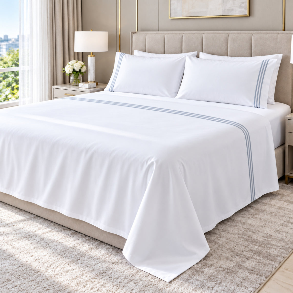 Premium White & Grey Triple-Line King Size 4-Piece Bedding Set – 220 × 240 cm