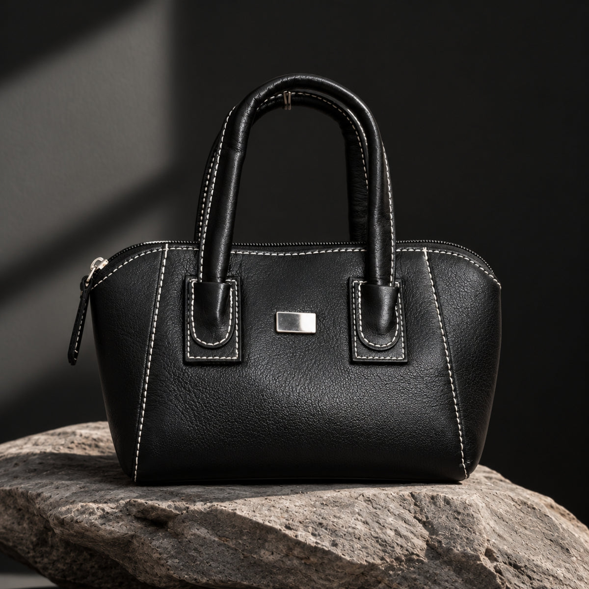 Classic Black Leather Handbag & Sling Bag – Contrast Stitch Design