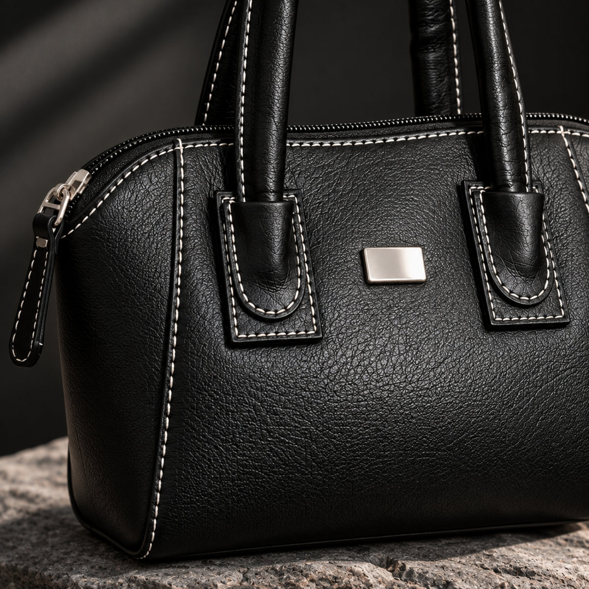 Classic Black Leather Handbag & Sling Bag – Contrast Stitch Design