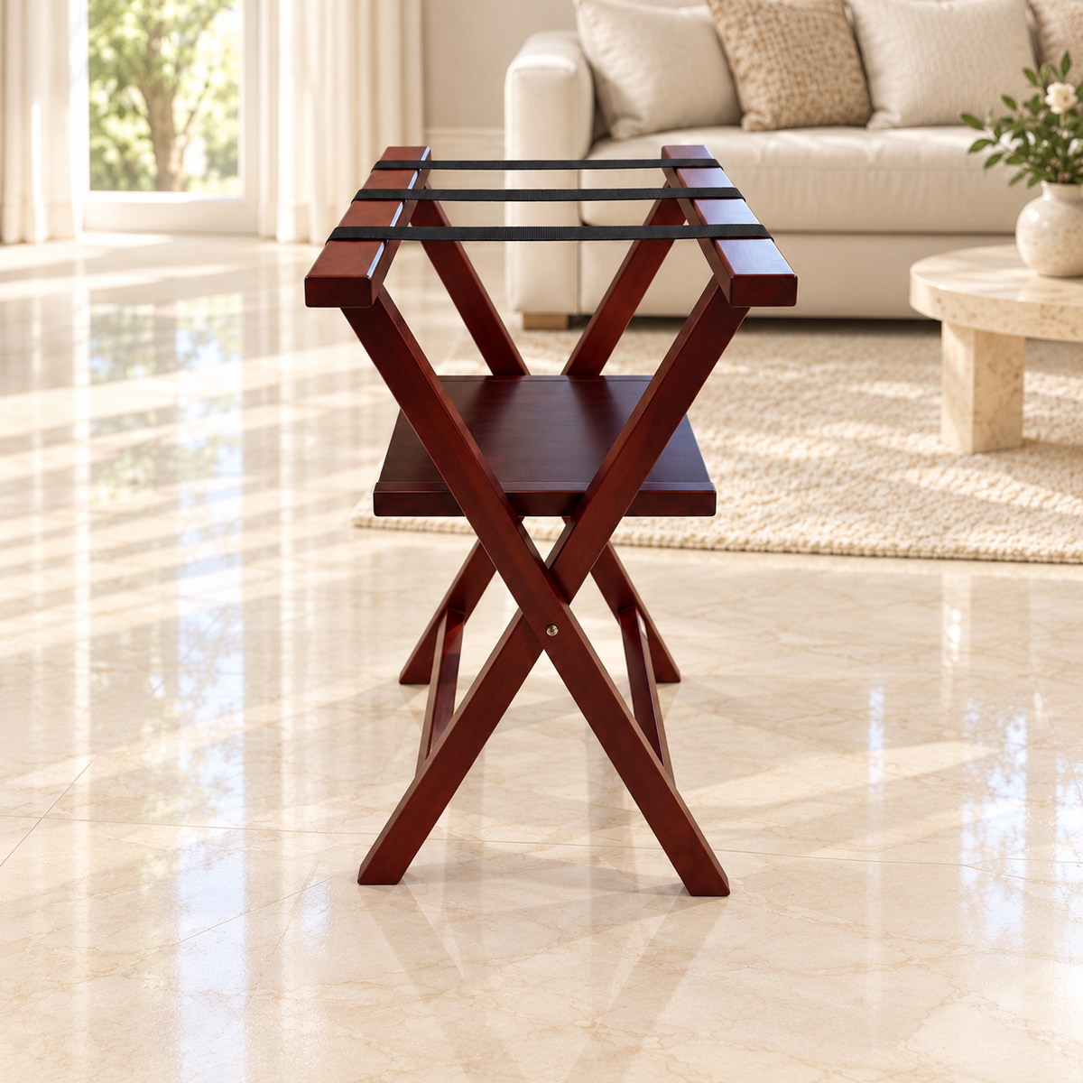Luxury Wooden Luggage Rack with Storage Shelf – Mahogany Finish | 80cm