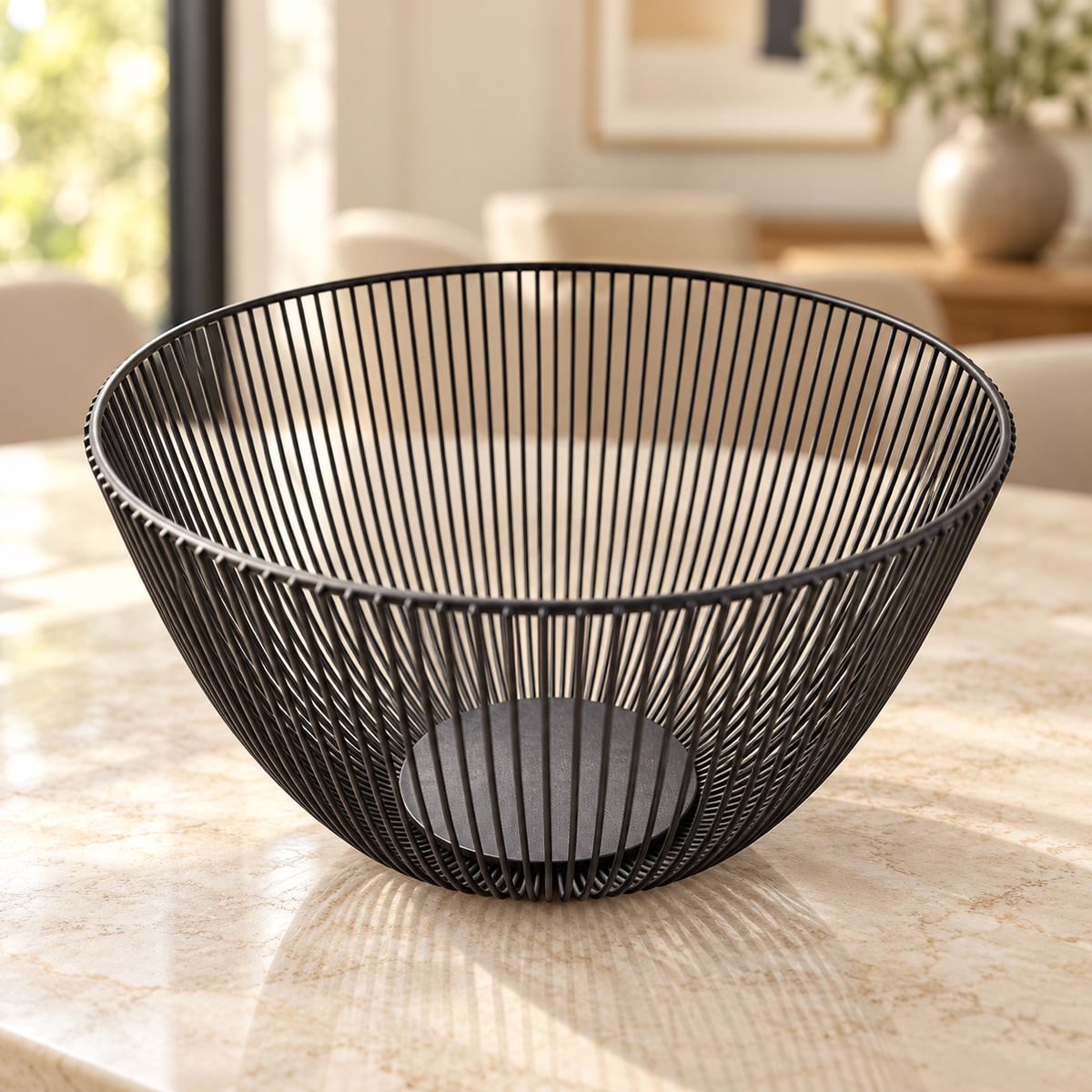 Modern Deep Black Metal Wire Fruit Basket | Round Decorative Fruit Bowl
