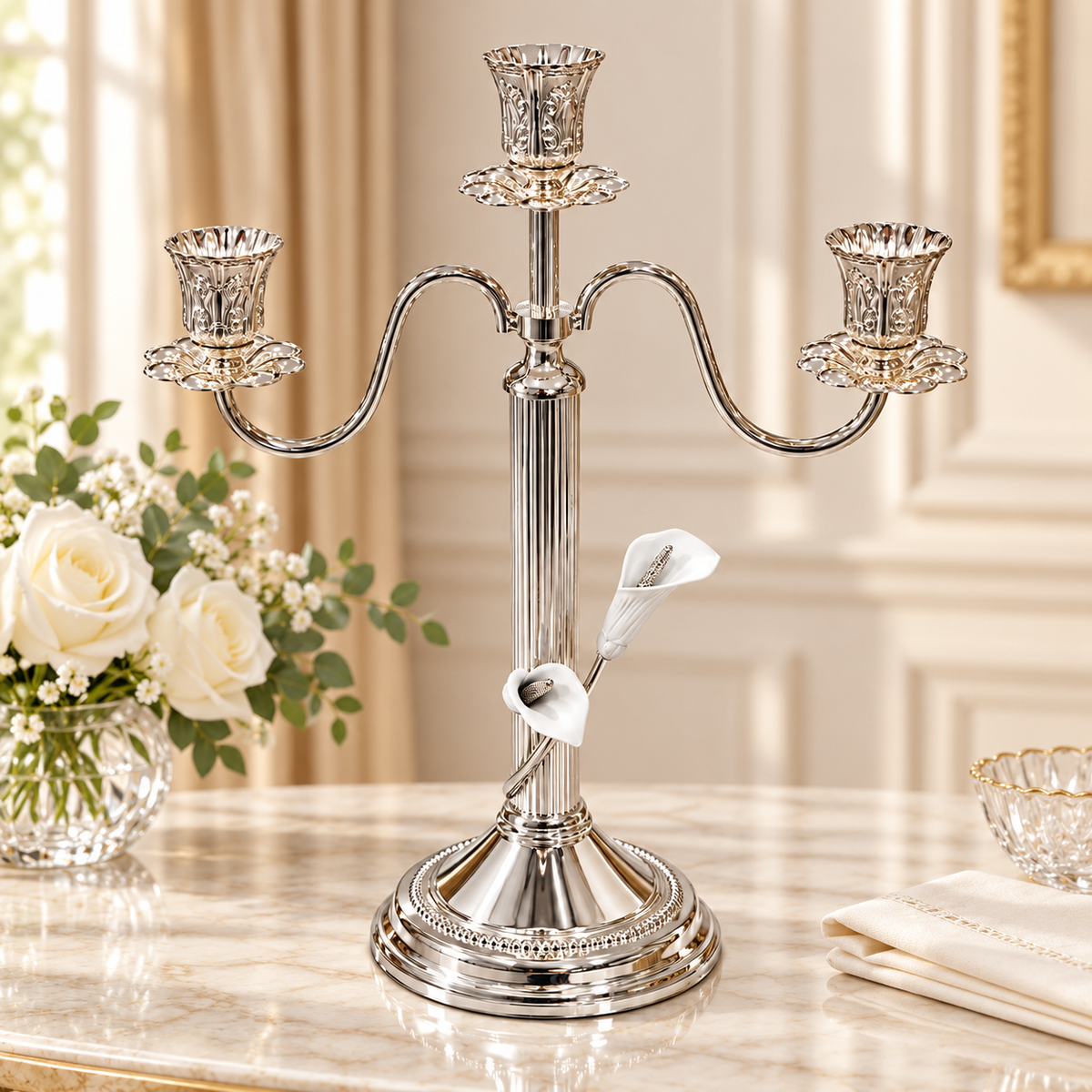 Luxury silver three-arm candle holder stand featuring ornate floral candle cups, elegant curved arms, polished silver finish and decorative pedestal base.