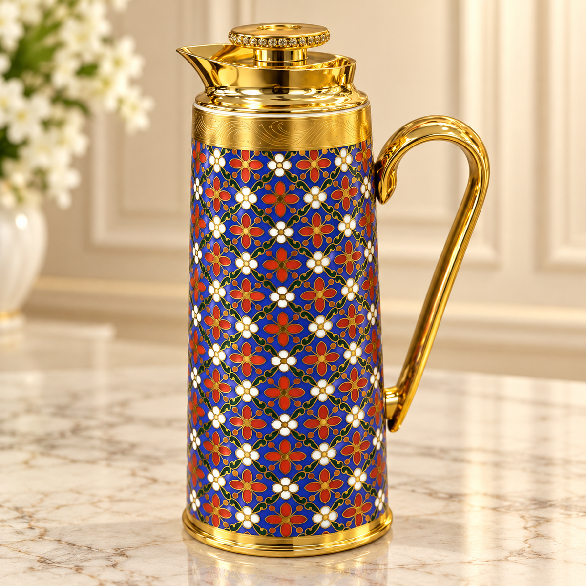 Luxury Blue Floral Gold Vacuum Flask – EV0211 | Premium Arabic Coffee & Tea Dallah