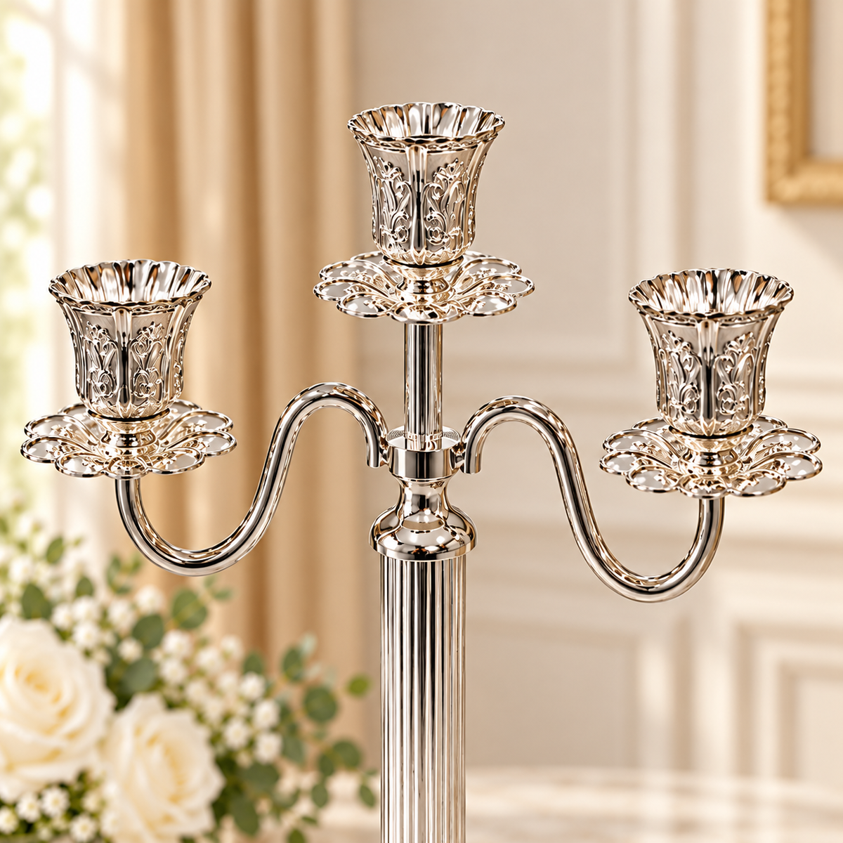 Luxury silver three-arm candle holder stand featuring ornate floral candle cups, elegant curved arms, polished silver finish and decorative pedestal base.