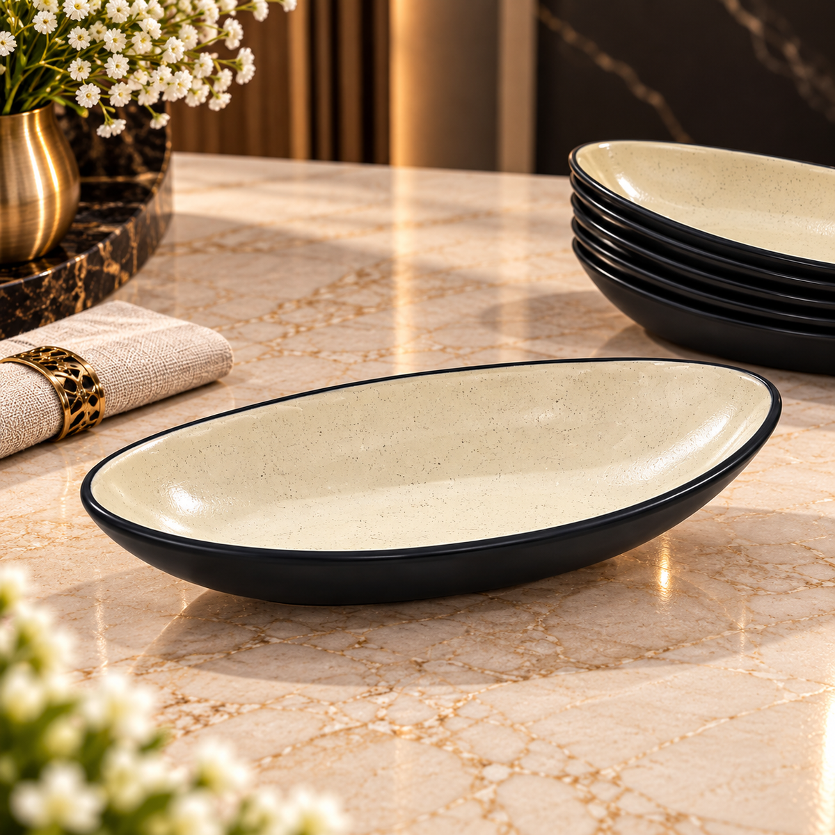 Melamine Oval Serving Plate – 9.5 × 5 Inch | Black & Beige