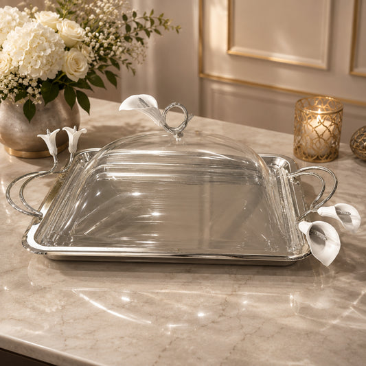 Rectangular Serving Plate with Acrylic Cover – Calla Lily Silver