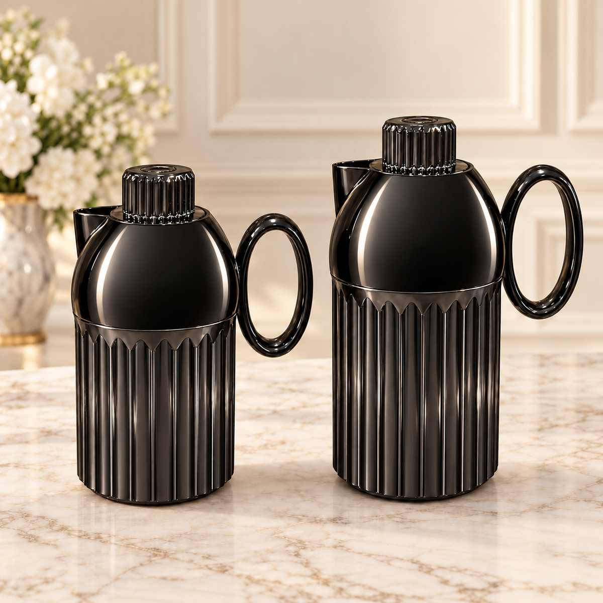 Najib Luxury Black Chrome Vacuum Flask Set – 2 Pieces (1L + 0.7L) | Arabic Coffee & Tea Dallah