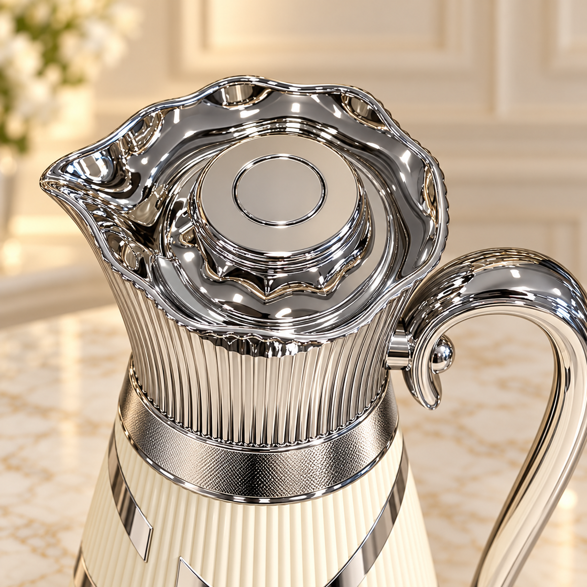 Najib luxury ivory and chrome vacuum flask set with two matching Arabic coffee and tea flasks in 1L and 0.7L capacities